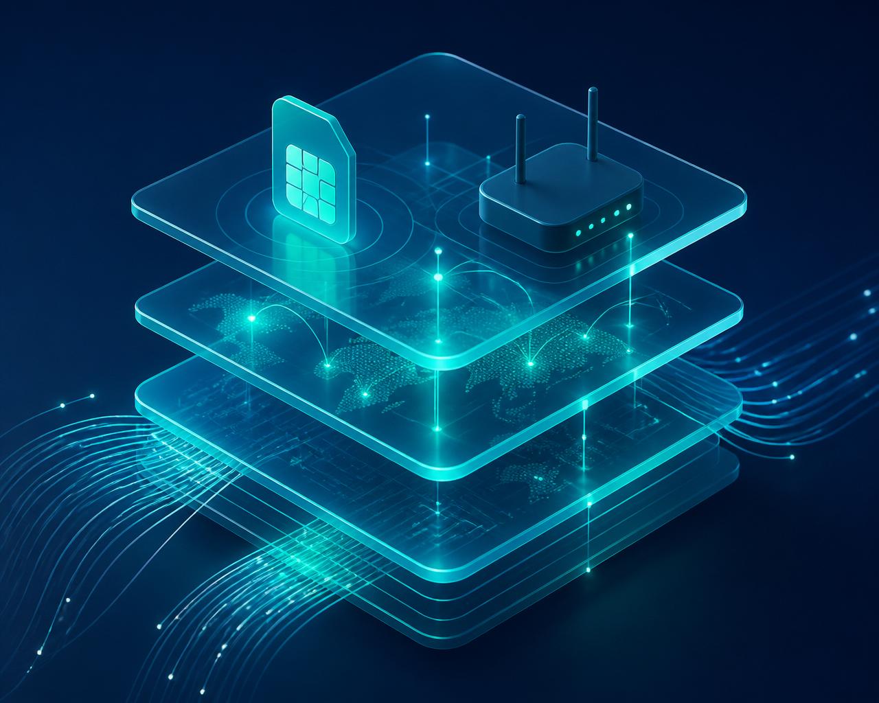 Layered illustration of Fibre, LTE and 5G connectivity stacked together